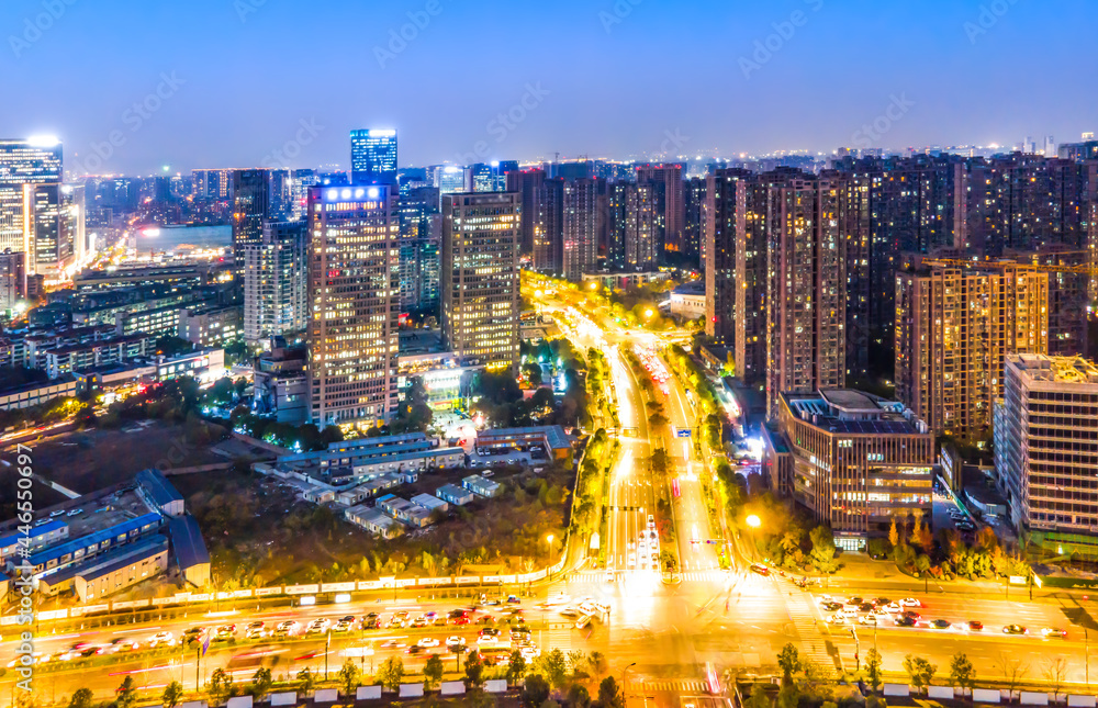 Aerial photography night view of modern city architecture landscape in Hangzhou, China