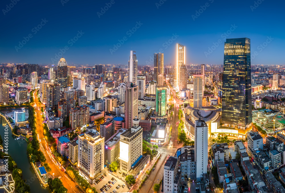 航拍中国盐城城市建筑景观夜景