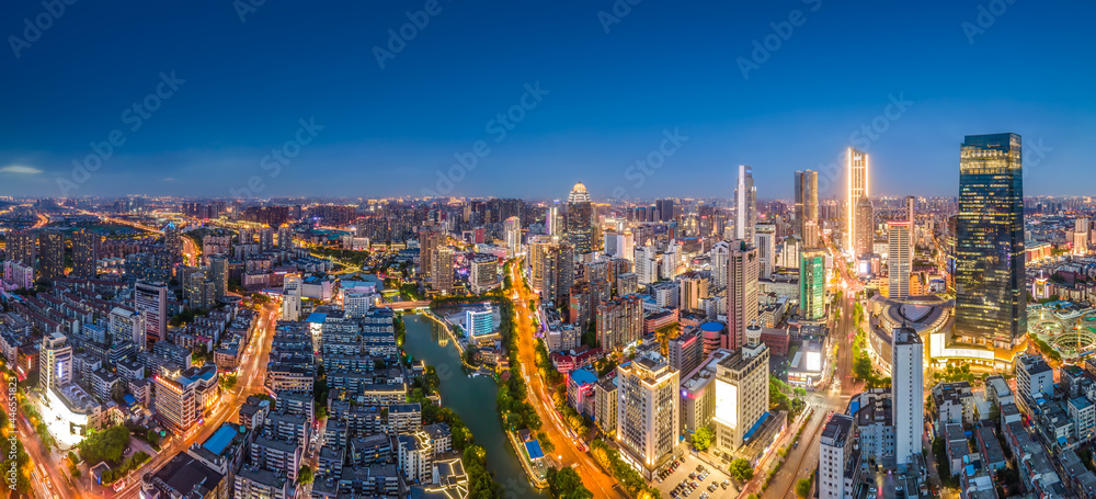 航拍中国盐城城市建筑景观夜景