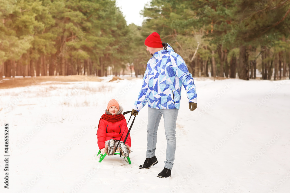 快乐的父亲和他的小女儿在冬天的公园里玩雪橇