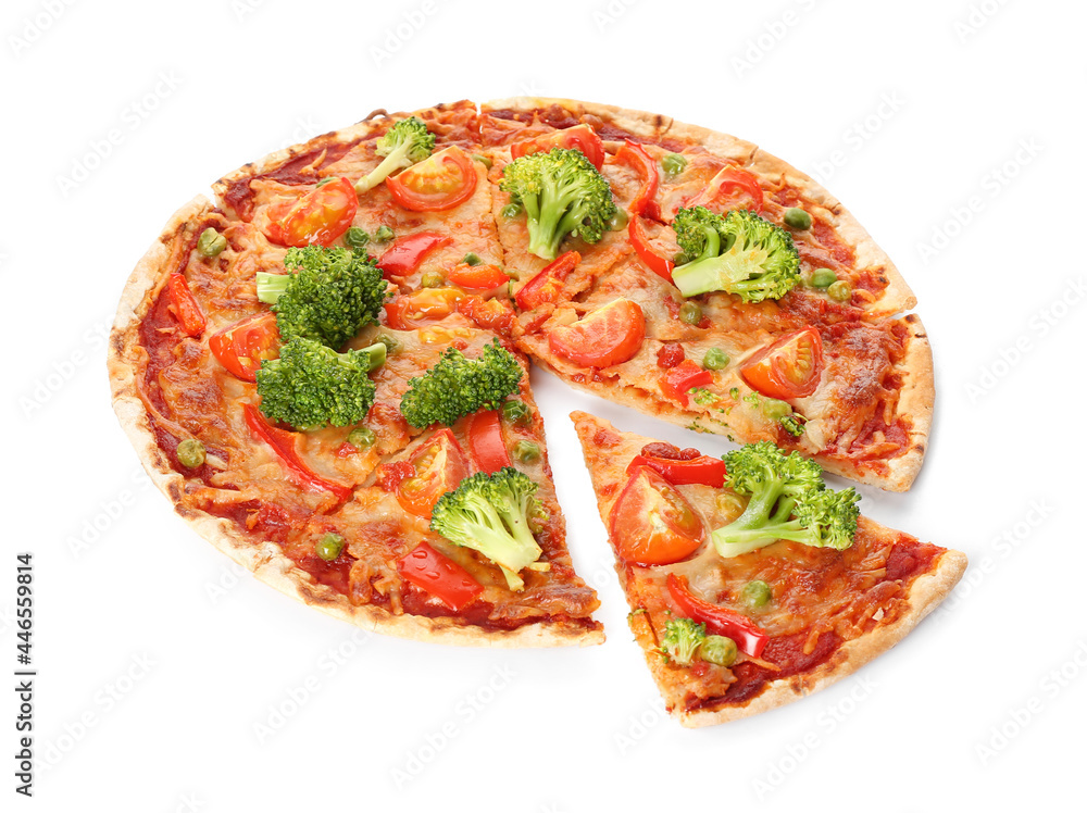 Tasty vegetarian pizza on white background