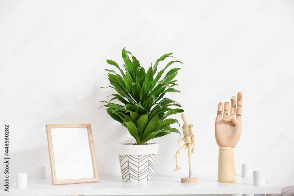 Wooden hand with houseplant and frame on shelf near light wall