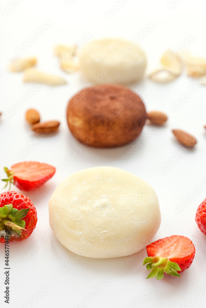 Tasty Japanese mochi and strawberry on white background