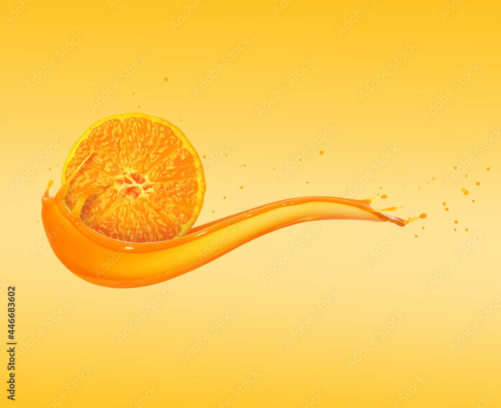 Orange slice in juice splash on a yellow background