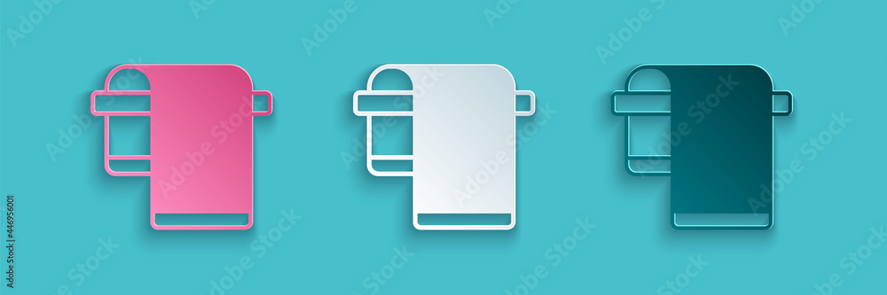 Paper cut Towel on hanger icon isolated on blue background. Bathroom towel icon. Paper art style. Ve