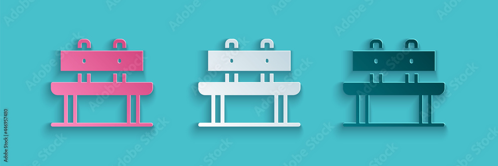 Paper cut Bench icon isolated on blue background. Paper art style. Vector