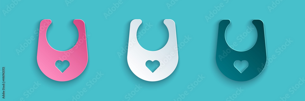 Paper cut Baby bib icon isolated on blue background. Paper art style. Vector