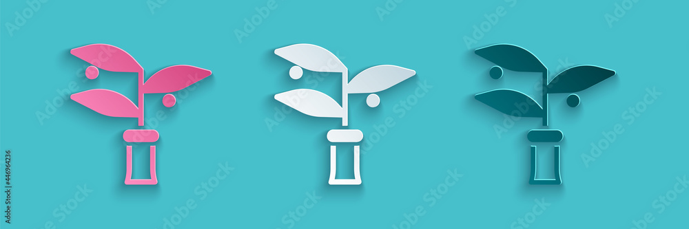 Paper cut Plant breeding icon isolated on blue background. Plants growing in the test tubes. Organic