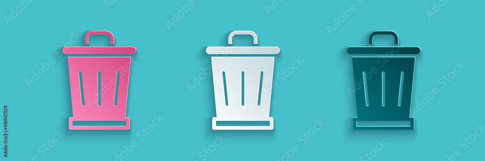 Paper cut Trash can icon isolated on blue background. Garbage bin sign. Recycle basket icon. Office 