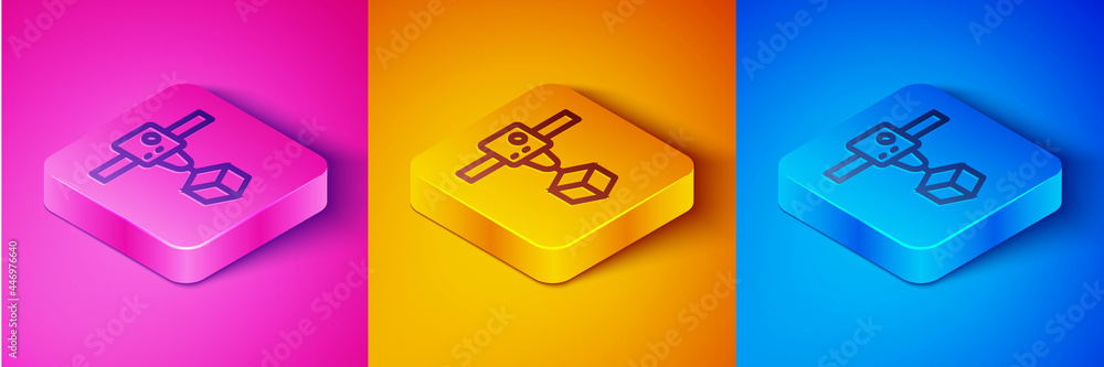 Isometric line 3D printer cube icon isolated on pink and orange, blue background. 3d printing. Squar