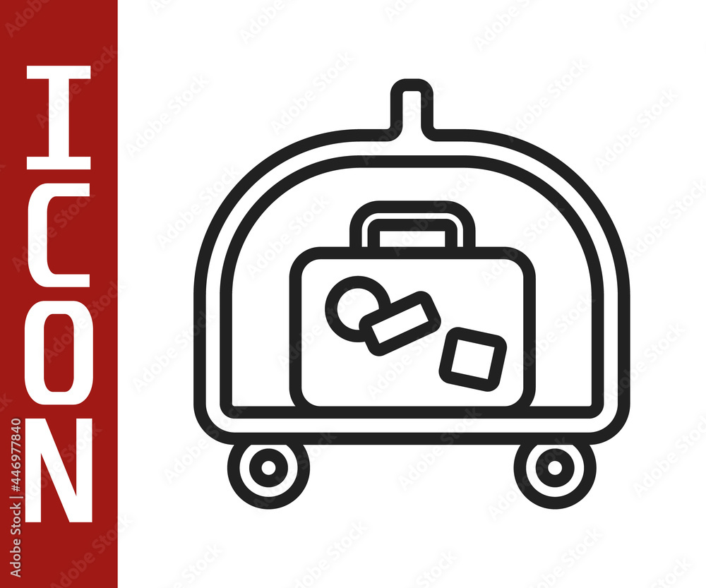 Black line Hotel luggage cart with suitcase icon isolated on white background. Traveling baggage sig