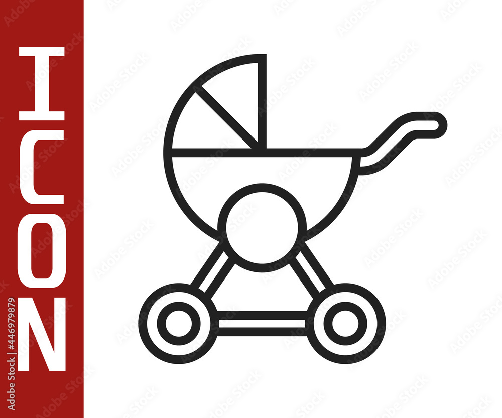 Black line Baby stroller icon isolated on white background. Baby carriage, buggy, pram, stroller, wh