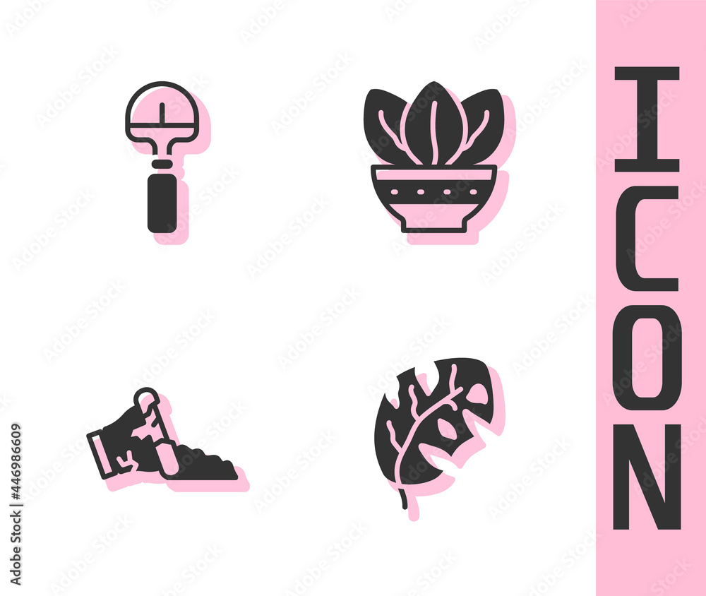 Set Tropical leaves, Shovel, Broken pot and Plant in icon. Vector