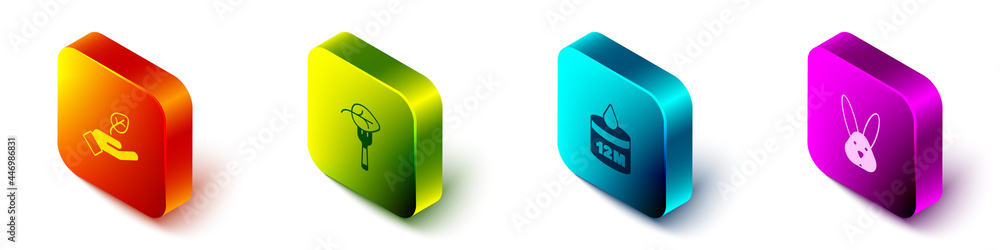 Set Isometric Plant in hand, Vegan food diet, Organic cosmetic and Animal cruelty free icon. Vector