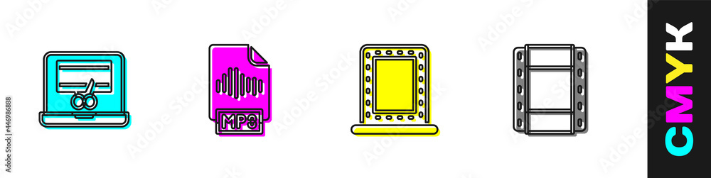 Set Video recorder on laptop, MP3 file document, Makeup mirror with lights and Play icon. Vector