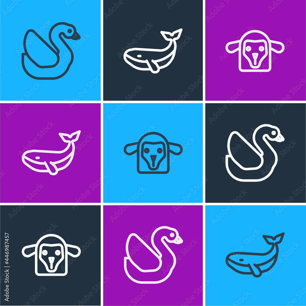 Set line Swan bird, Sheep head and Whale icon. Vector