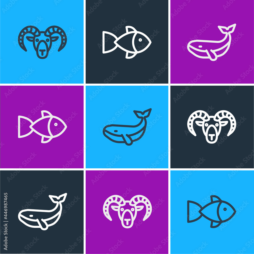 Set line Head of goat or ram, Whale and Fish icon. Vector