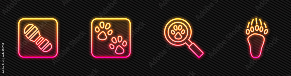 Set line Paw search, Human footprints shoes, and Bear paw. Glowing neon icon. Vector