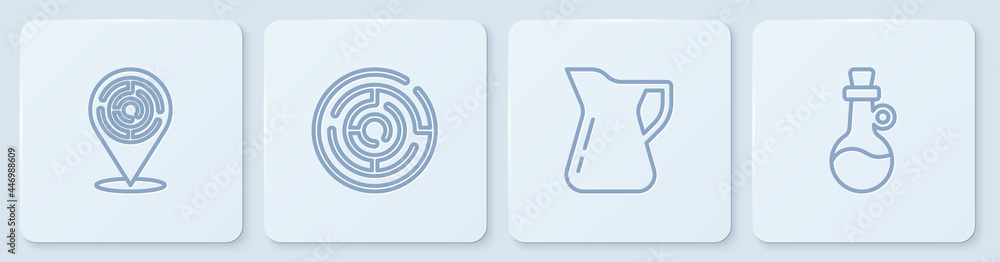 Set line Minotaur labyrinth, Bottle of olive oil, and . White square button. Vector