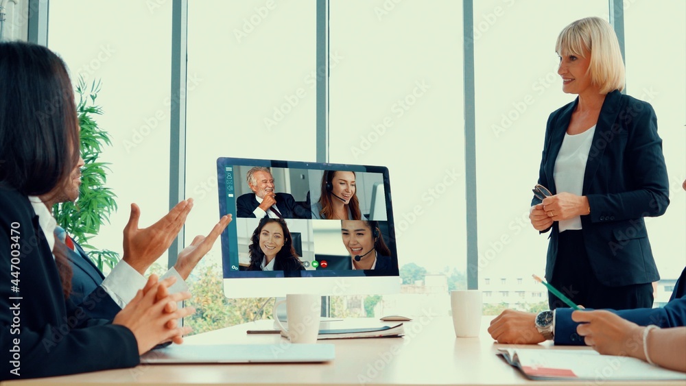 Video call group business people meeting on virtual workplace or remote office. Telework conference 