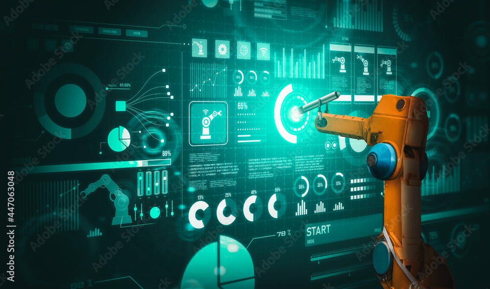 Robot arm AI analyzing mathematics for mechanized industry problem solving . Concept of robotics tec