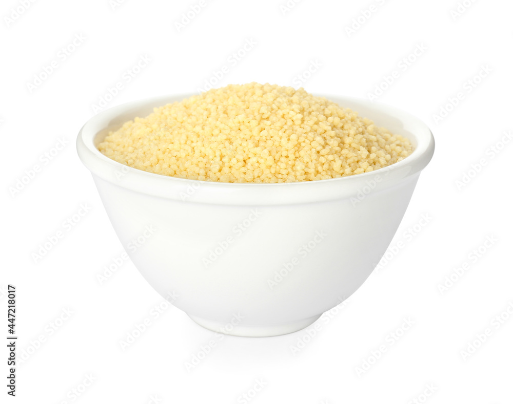 Bowl with raw couscous on white background