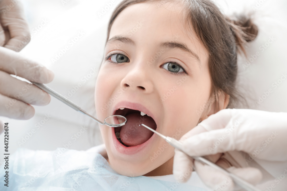 Little girl visiting dentist in clinic, closeup