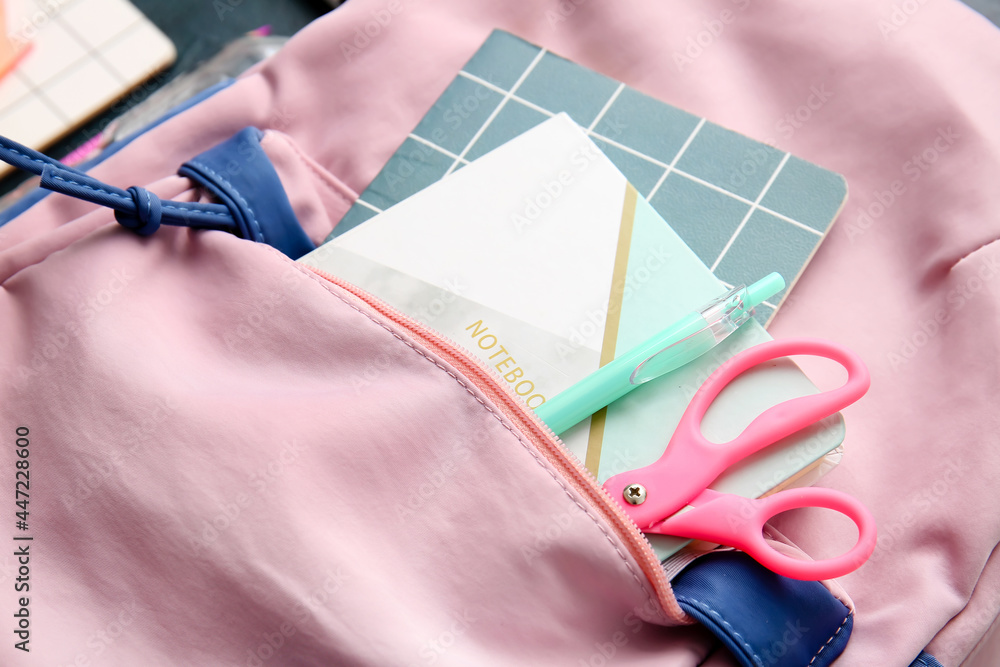 School backpack and stationery, closeup