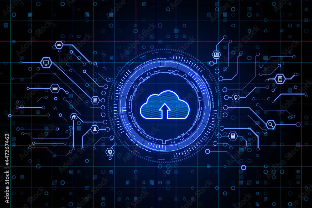 深色背景下富有创意的发光蓝色云界面。云计算和技术概念。3D