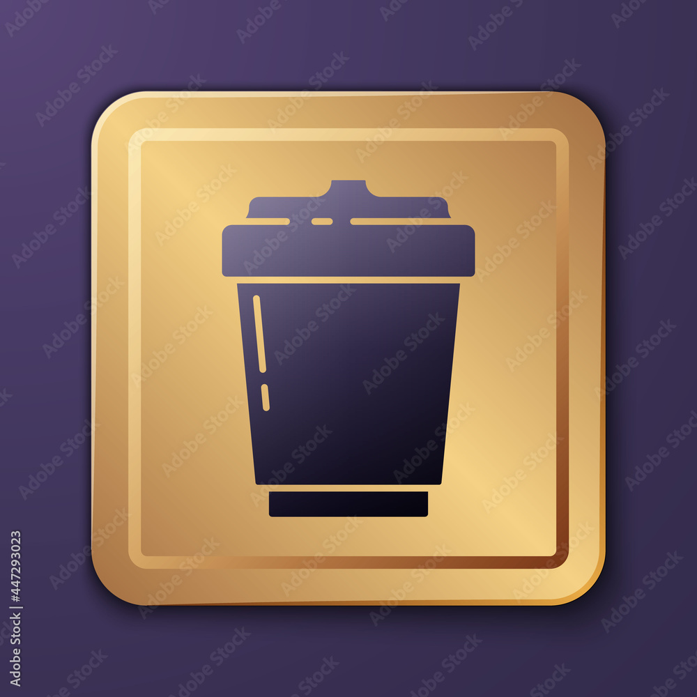 Purple Coffee cup to go icon isolated on purple background. Gold square button. Vector Illustration