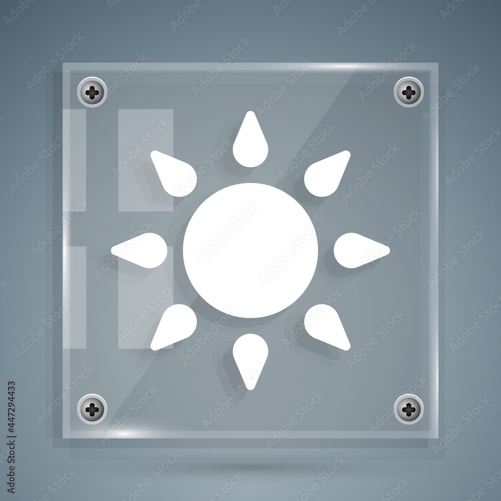 White Sun icon isolated on grey background. Square glass panels. Vector