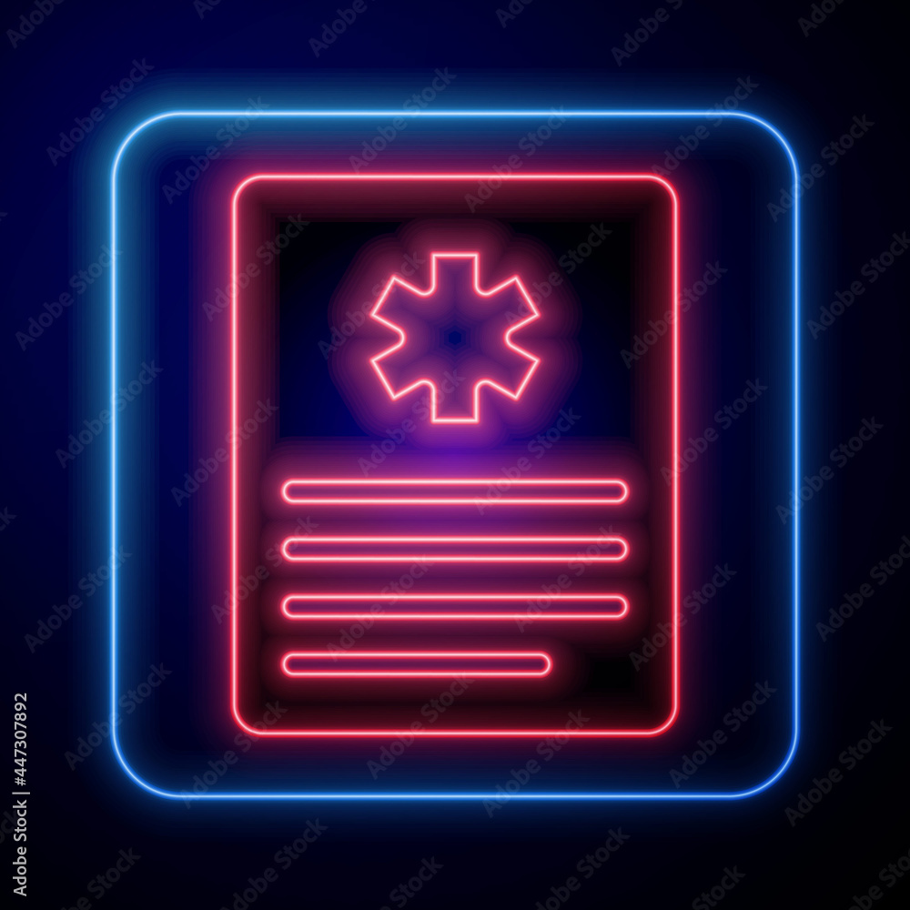 Glowing neon Medical clipboard with clinical record icon isolated on black background. Prescription,