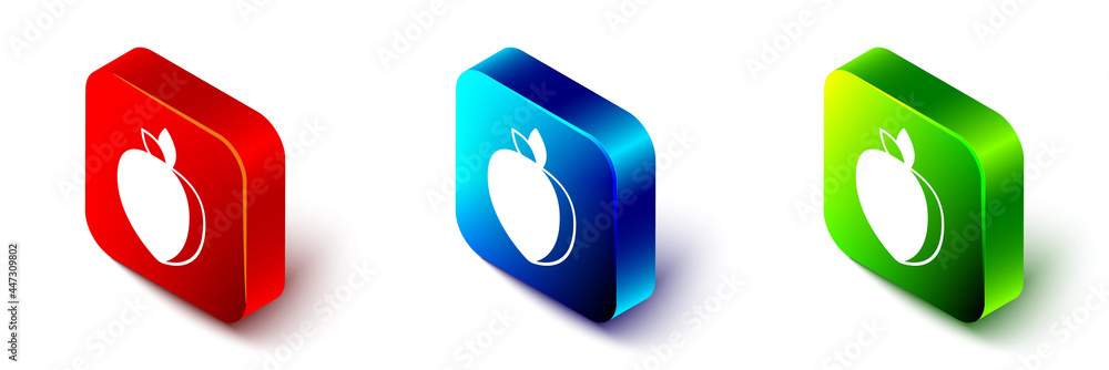 Isometric Plum fruit icon isolated on white background. Red, blue and green square button. Vector