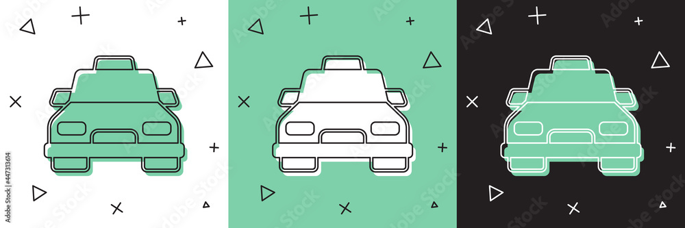 将出租车图标隔离在白色和绿色、黑色背景上。矢量
