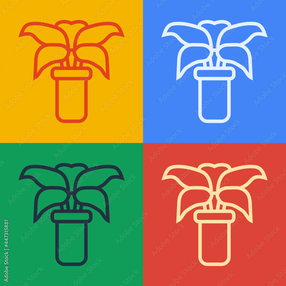 Pop art line Exotic tropical plant in pot icon isolated on color background. Vector