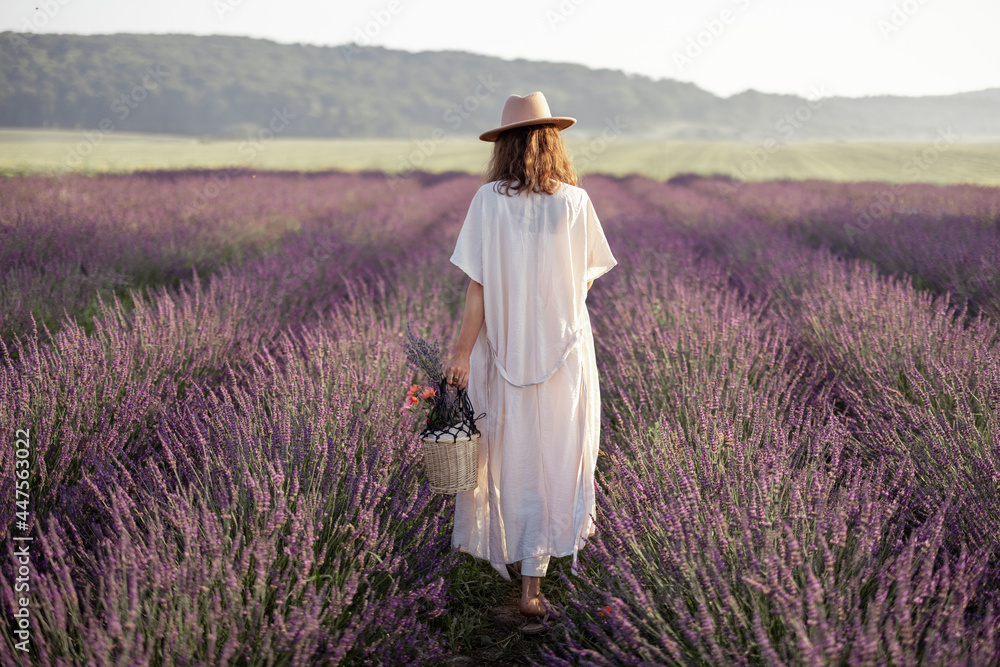 Young woman staying back on lavender field with bouquet of flowers and enjoy the beauty of nature. C