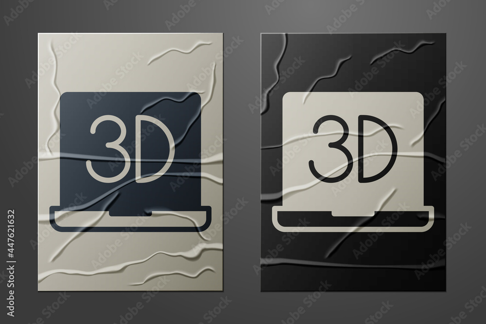 白色3D打印机图标隔离在皱巴巴的纸张背景上。3D打印。纸张艺术风格。矢量