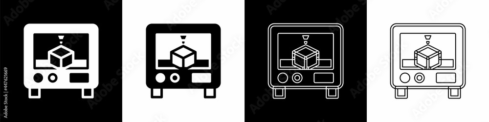 将3D打印机图标隔离在黑白背景上。3D打印。矢量