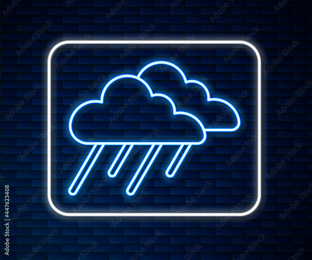 Glowing neon line Cloud with rain icon isolated on brick wall background. Rain cloud precipitation w