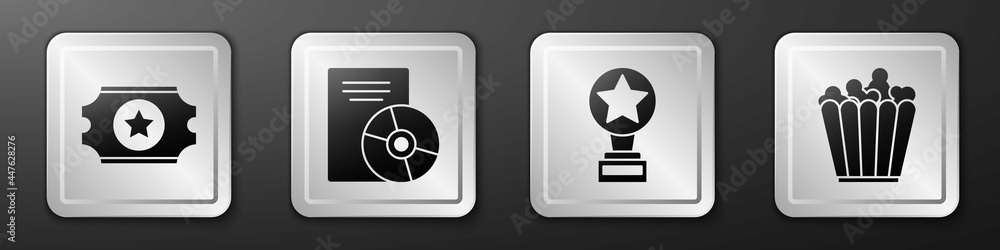 设置电影票、CD或DVD光盘、电影奖杯和爆米花盒装图标。银色方形按钮。Vecto