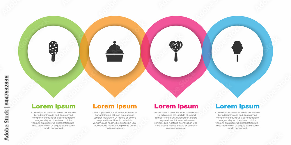 设置冰淇淋、蛋糕、棒棒糖和棉花糖。商业信息图模板。矢量