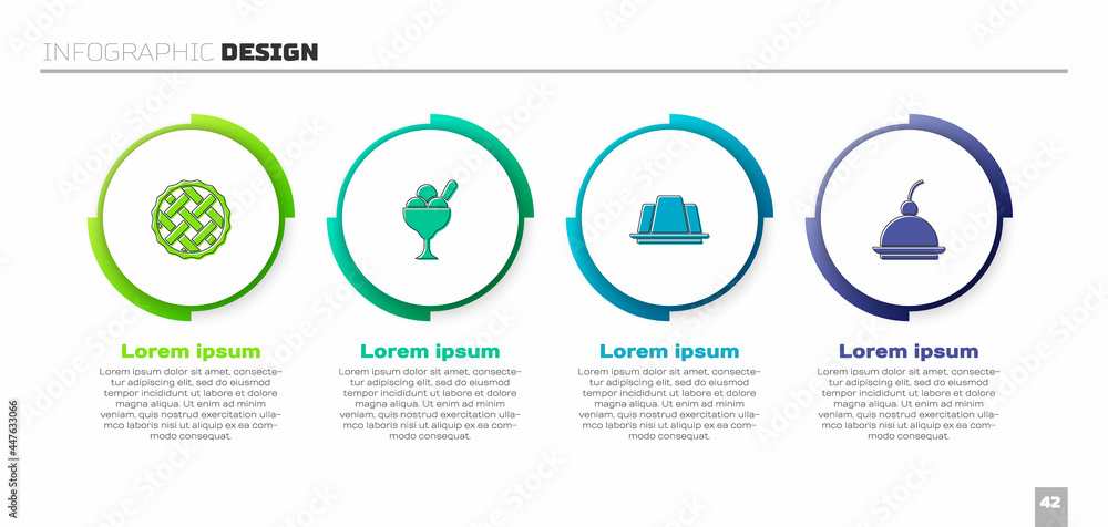 设置自制馅饼、碗中冰淇淋、果冻蛋糕和樱桃芝士蛋糕。商业信息图模板