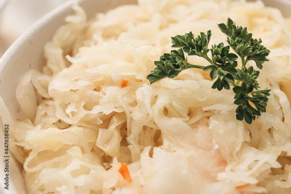 Tasty sauerkraut in bowl, closeup