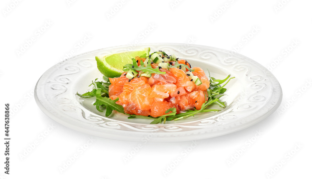 Delicious salmon tartar on white background