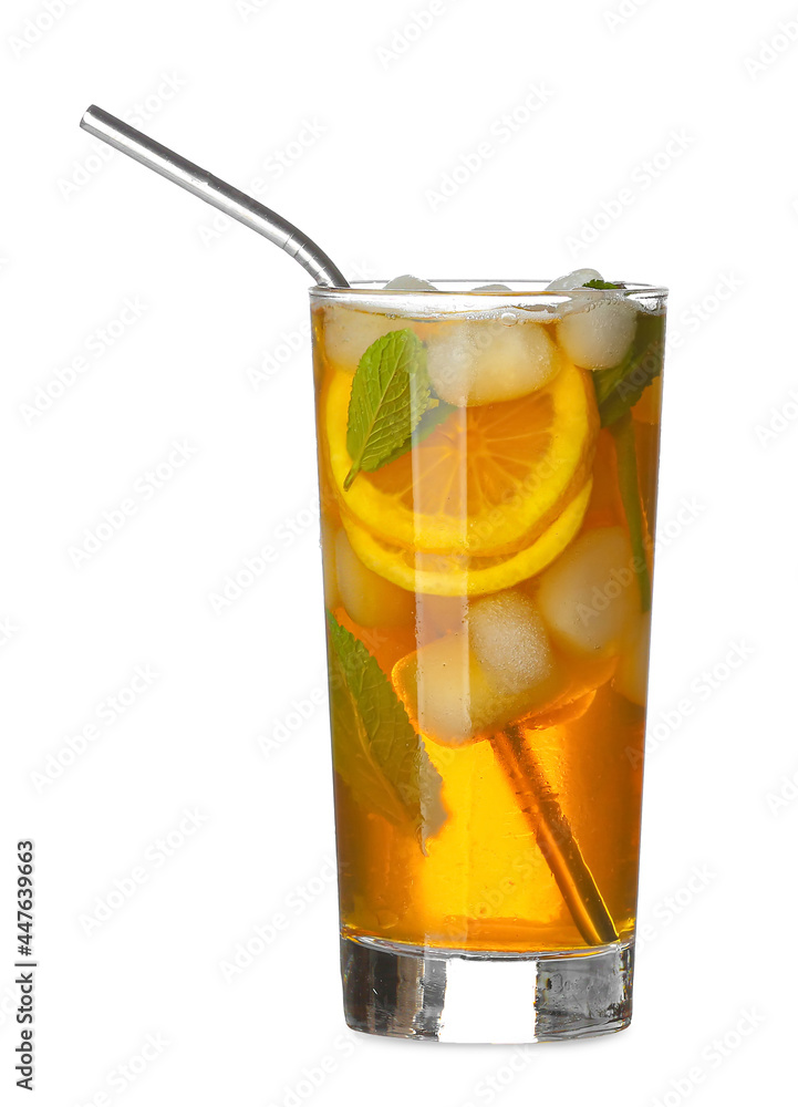 Glass of tasty cold ice tea on white background