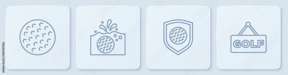 Set line Golf ball, with shield, in water and label. White square button. Vector