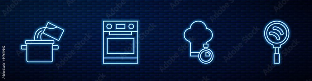 设置厨师帽、烹饪锅、烤箱和煎锅。砖墙上闪闪发光的霓虹灯图标。矢量