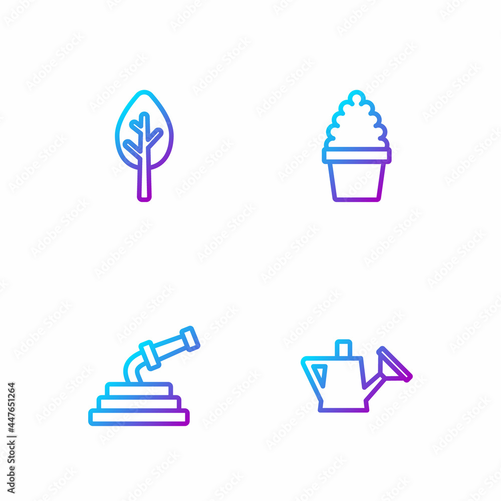 Set line Watering can, Garden hose, Forest and Cactus peyote pot. Gradient color icons. Vector