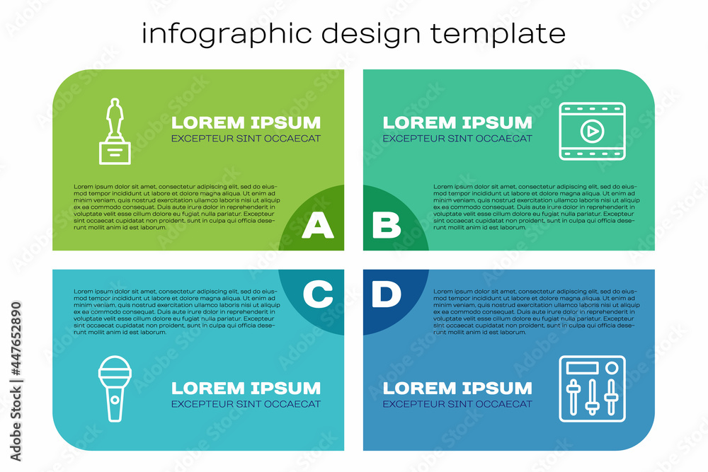 设置线路麦克风、电影奖杯、混音器控制器和播放视频。商业信息图templ