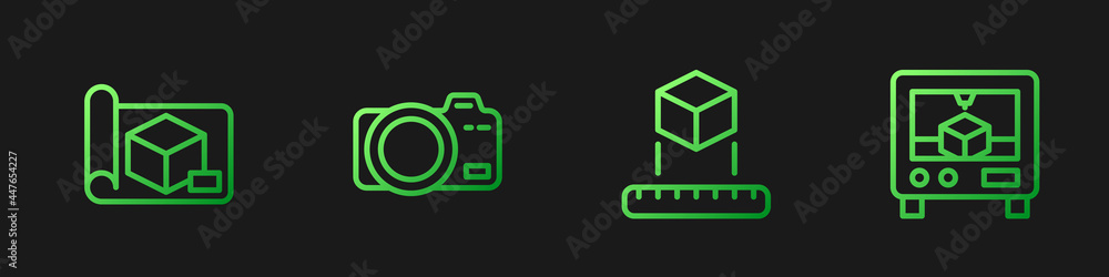 Set line Isometric cube, Graphing paper for engineering, Photo camera and 3D printer. Gradient color